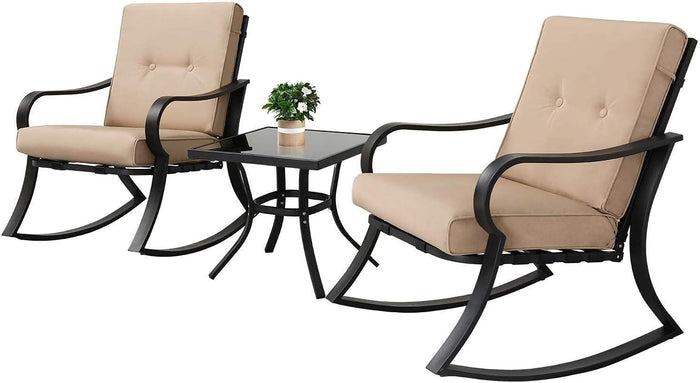 Oakcloud Oakmont Outdoor Furniture 3 Piece Conversation Bistro Set Rocking Chairs and Glass Top Table, Thick Cushions, Black Steel (Brown)