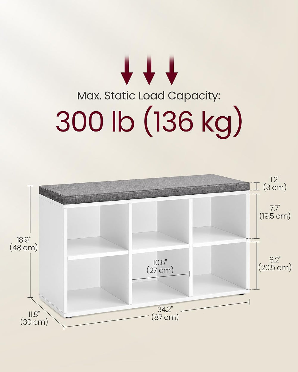 VASAGLE Shoe Bench with Cushion, 6 Compartments, 3 Adjustable Shelves