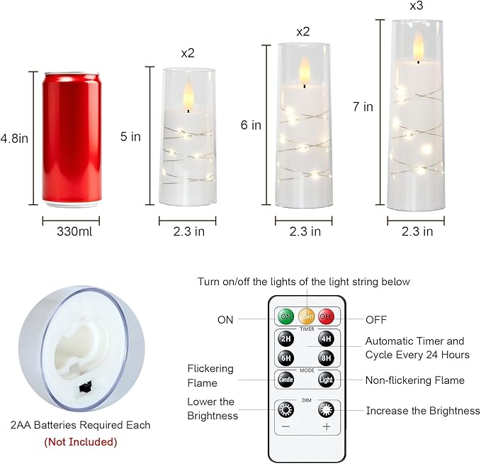 Raycare Flameless Candle with Remote Timer, 7 Flickering Acrylic Battery Oper...