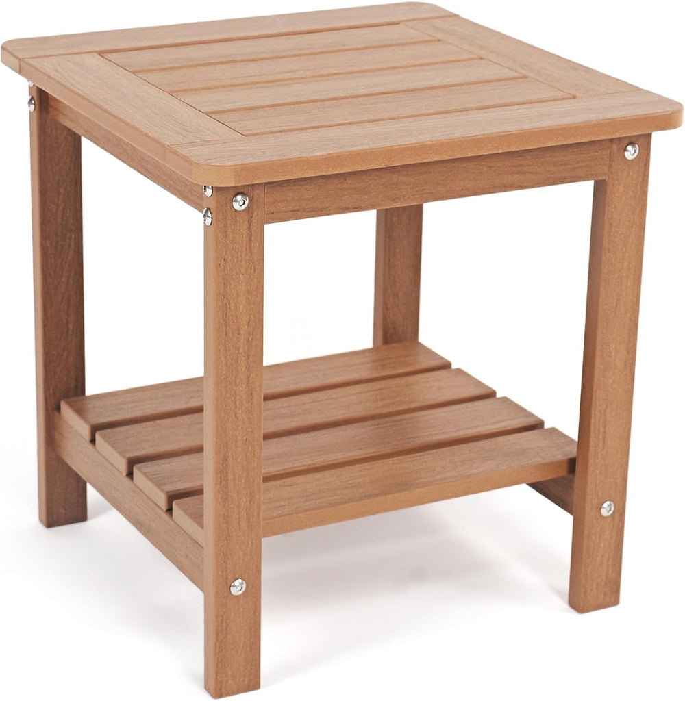 Outdoor Side Table, 2-Tier HDPE Small Patio Table, Teak