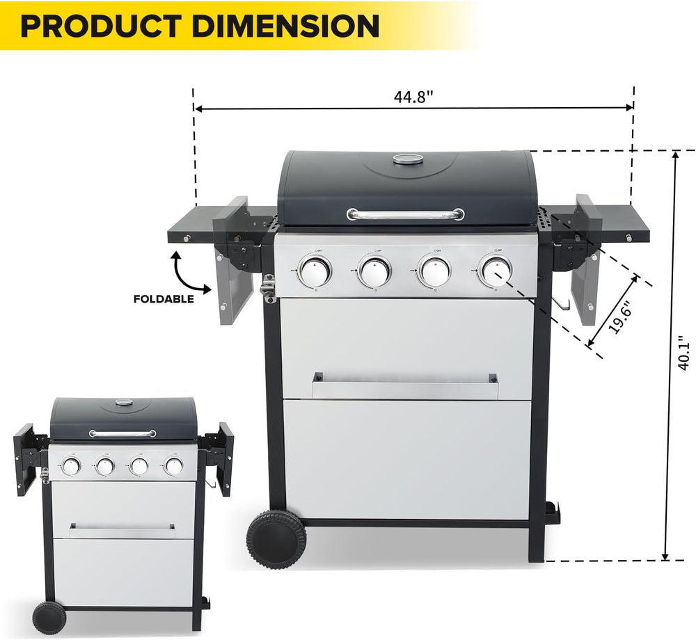 4 Burner Gas Grill with Foldable Shelves, 40,000 BTU Stainless Steel Propane ...