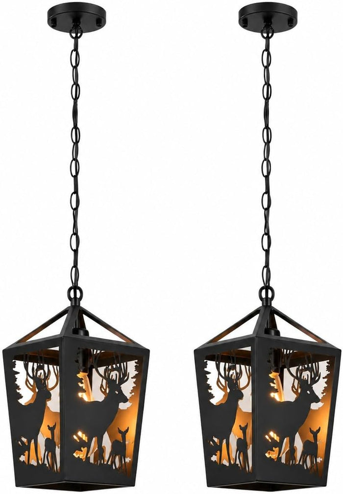 Farmhouse Rustic Deer Pendant Light, 2 Pack Metal Cage