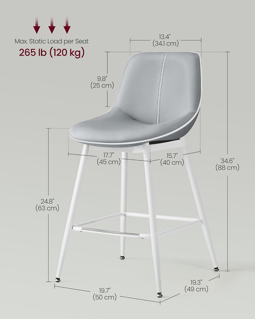 VASAGLE Bar Stools Set of 2, Counter Height, with Back, 24.8-Inch