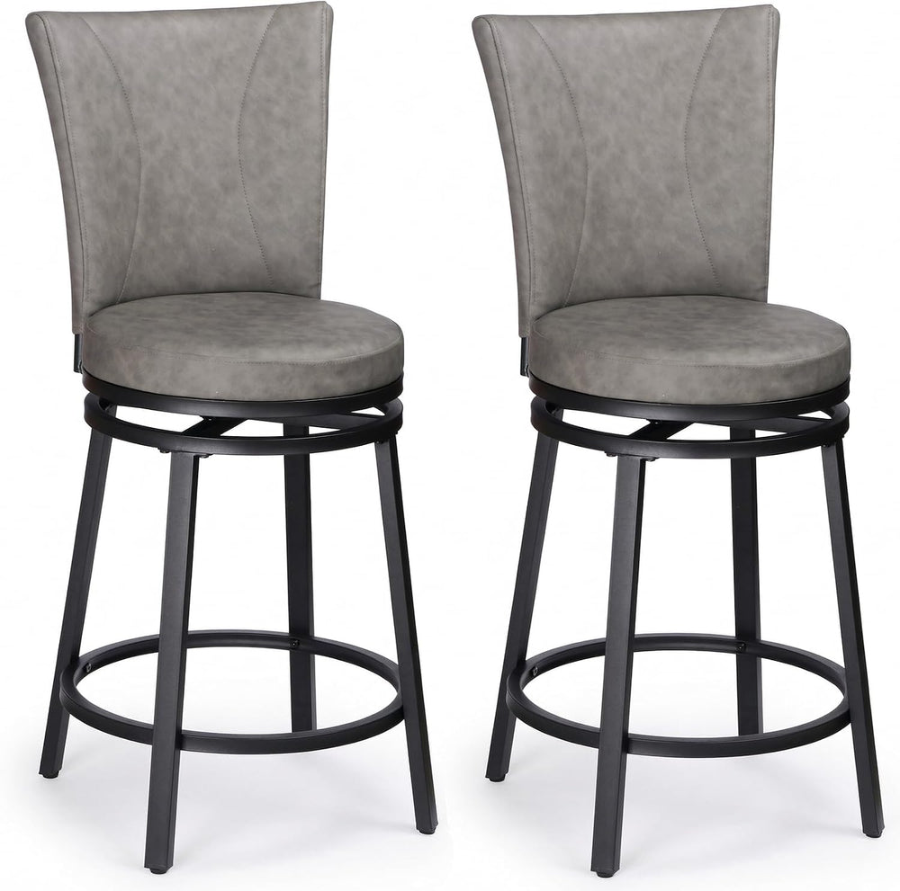 Bar Stools Set of 2, PU Leather Upholstered Swivel Barstool, 24″ Counter Heig...