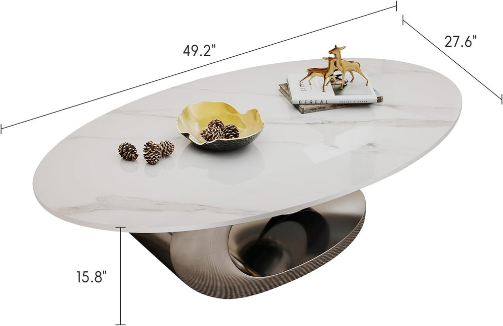Glintee 49.2" Oval Stone Coffee Table, Grey S-Shaped Base