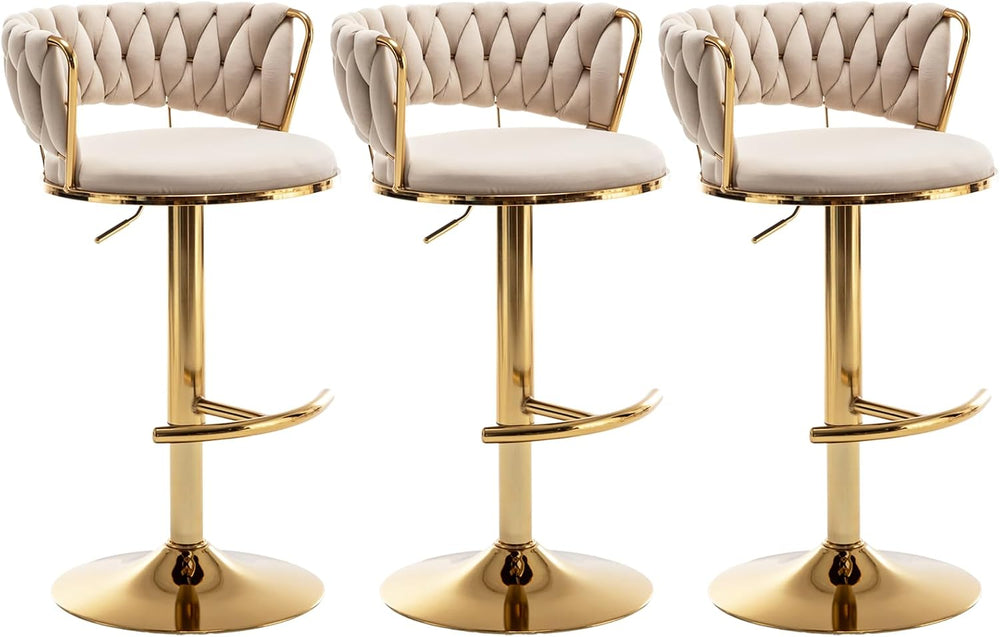 Riknuxi Velvet Bar Stools Set of 3, Counter Height Barstools with Low Back, G...