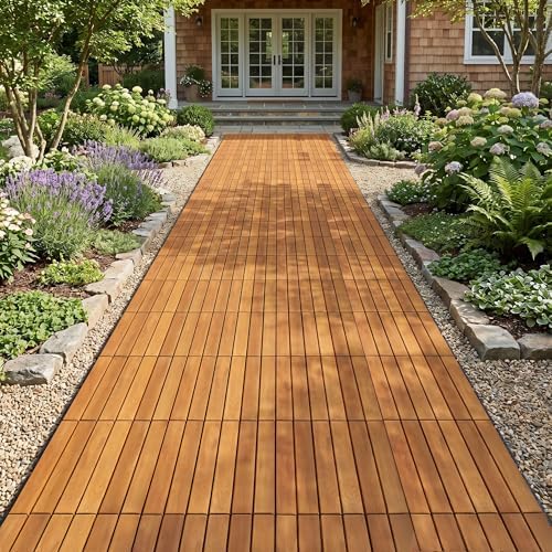 Acacia Wood Interlocking Deck Tiles, Waterproof Patio Tiles, 9 PCS- Golden