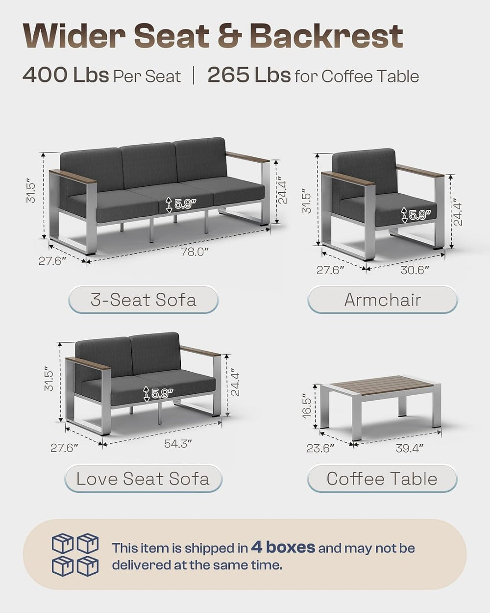 2 Pieces Outdoor Aluminum Armchair, Modern Patio Patio Furniture with Wide Se...