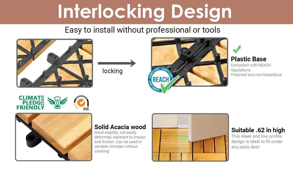 PrimeZone 81 PCS Solid Acacia Wood Interlocking Patio Deck Tiles Outdoor