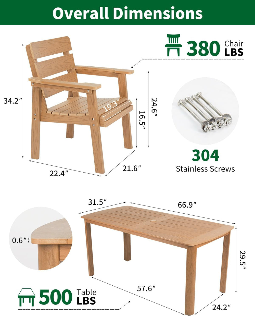 7-Piece Outdoor Dining Set, All-Weather HIPS Patio Table & Chairs for 6, ...
