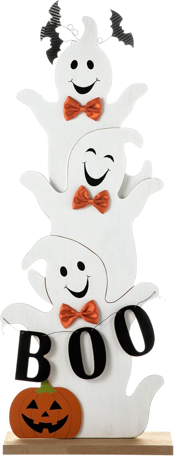 Glitzhome 37.5'H Halloween Wooden Stacked Ghost Porch Sign, Farmhouse Gho...