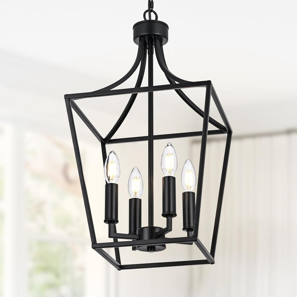 4-Light Farmhouse Lantern Chandelier, Black Pendant Light Fixture Adjustable ...