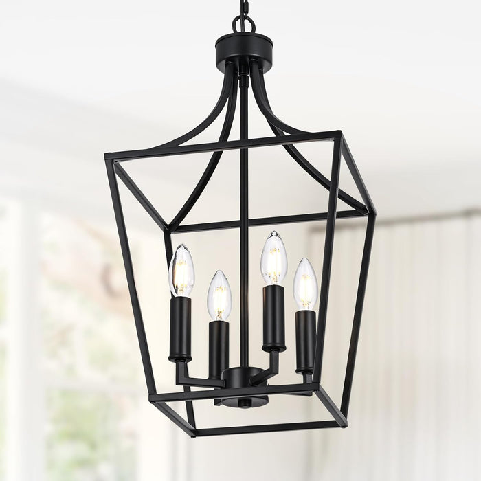 4-Light Farmhouse Lantern Chandelier, Black Pendant Light Fixture Adjustable Height for Kitchen Island Dining Room Foyer, Hanging Ceiling Lighting E12 Bulb Base