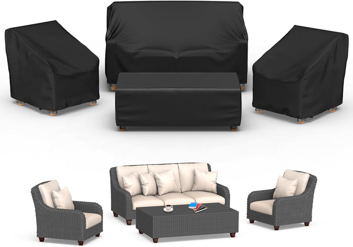 Mrrihand Patio Furniture Covers, 4 Piece Outdoor Furniture Cover Waterproof includ Ourdoor Sofa Cover, 2 Chair Covers, Coffee Table Cover with Windproof Buckle Strap and Adjustable Drawstring