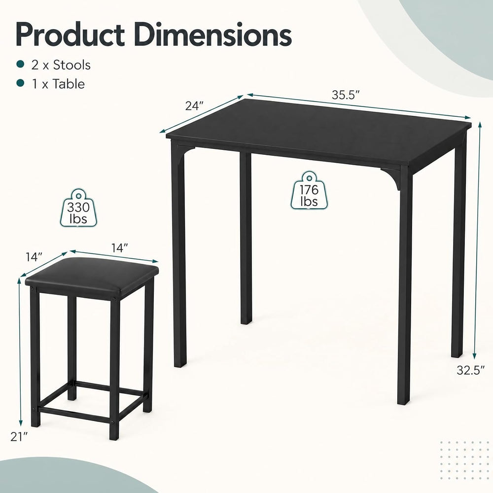 COSTWAY Dining Table Set, Counter Height Table & 2 Upholstered Stools