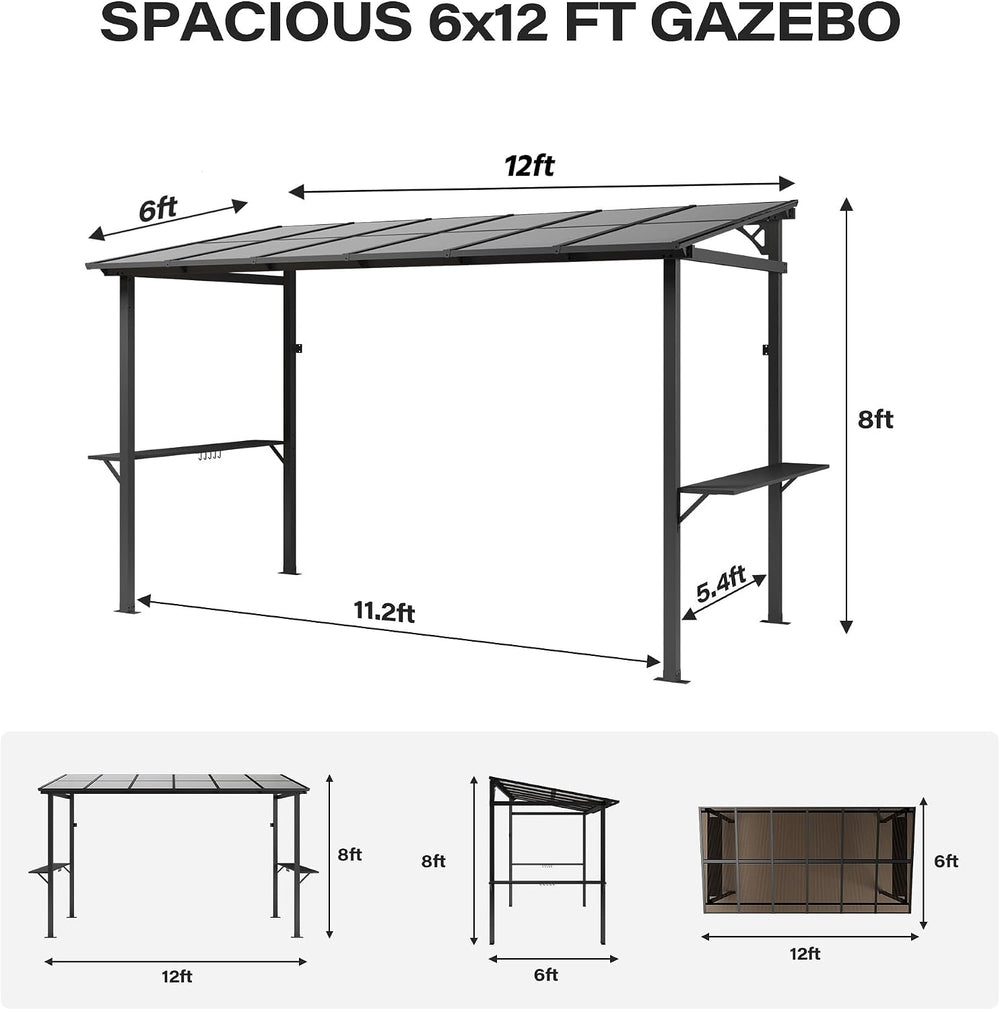 LAUSAINT HOME 12x6 ft Hardtop Grill Gazebo, Outdoor Sloping PC Roof BBQ Patio...
