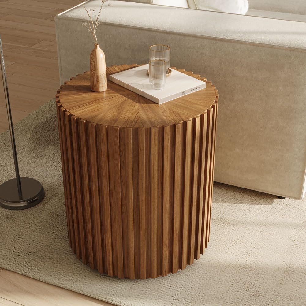 POVISON Round Coffee Side Table, Mid Century Wood End Table, Fluted Side Tabl...