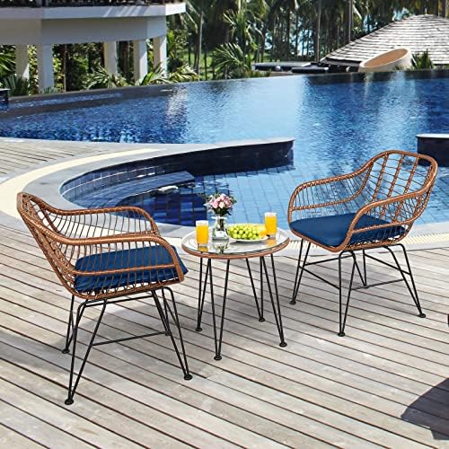 Tangkula 3 Pieces Patio Conversation Bistro Set, Outdoor Wicker Furniture w/R...