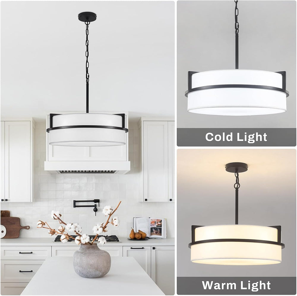 19.7" Black Drum Chandelier, Drum Pendant Light with White Linen Shade