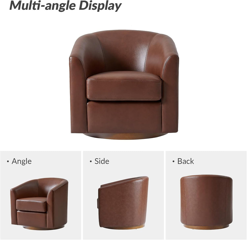 HULALA HOME Genuine Leather Swivel Barrel Accent Chairs Set of 2, Brown