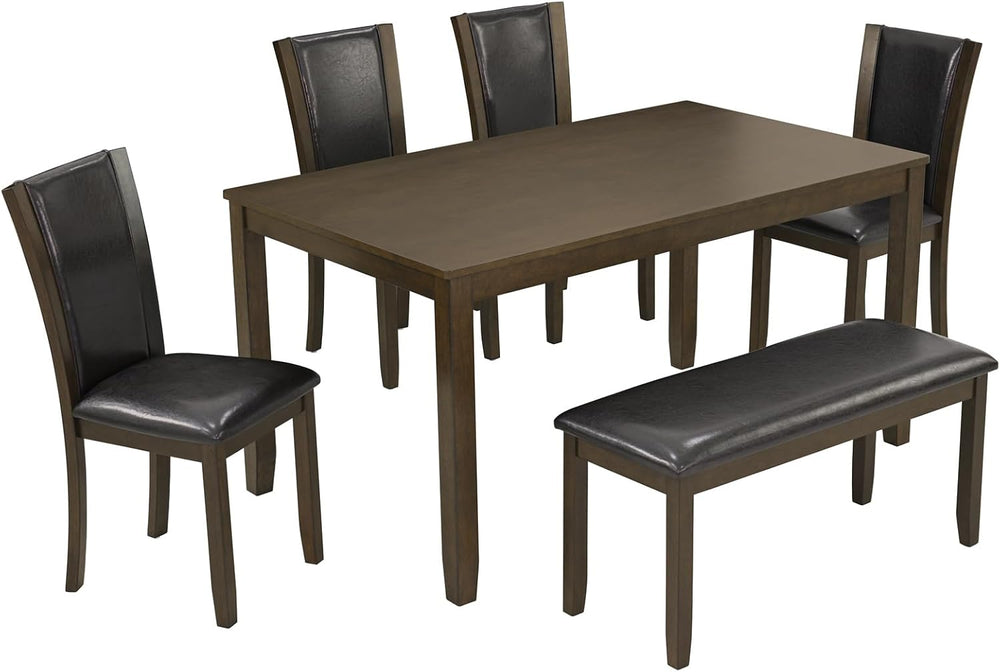 6-Piece Dining Table Set with Bench & 4 Chairs, Solid Wood, Dark Walnut
