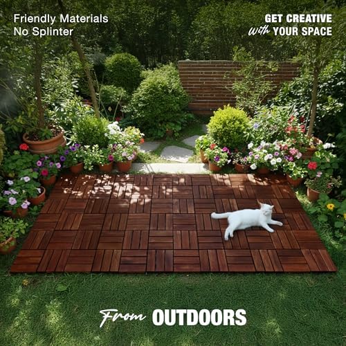 Acacia Wood Interlocking Deck Tiles, Patio & Backyard Tile, 12 in, 9 PCS