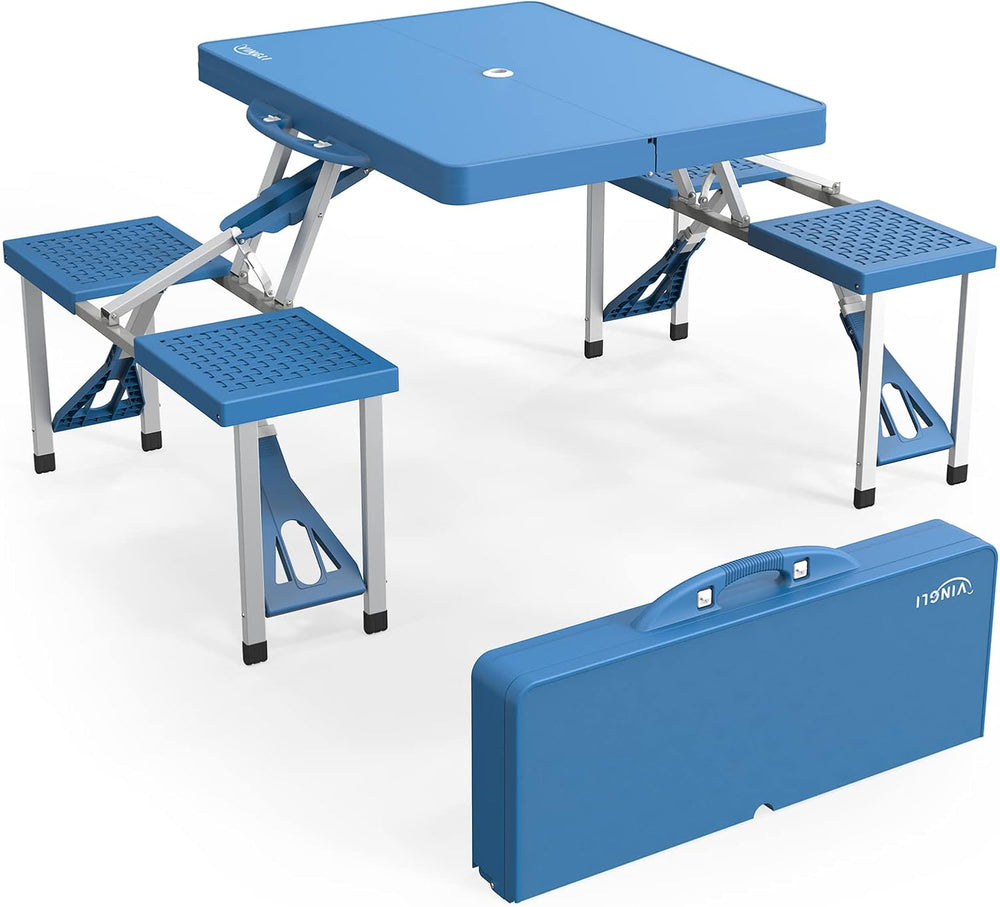 VINGLI 4 Ft Camping Picnic Table Set with 4 Seats with Umbrella Hole Folding ...