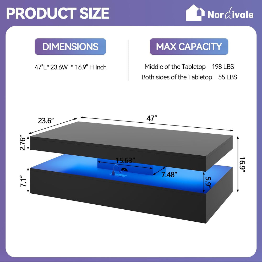 47" High-Glossy LED Coffee Table with 2 Sliding Drawers,Black