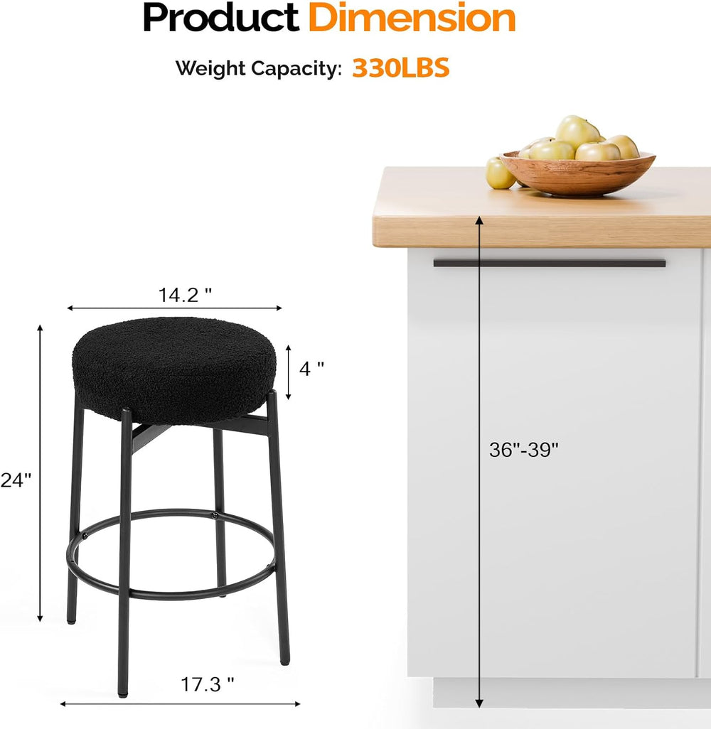 VINGLI Swivel Round Barstools 24" H Set of 2, Teddy Wool Upholstered Bar...