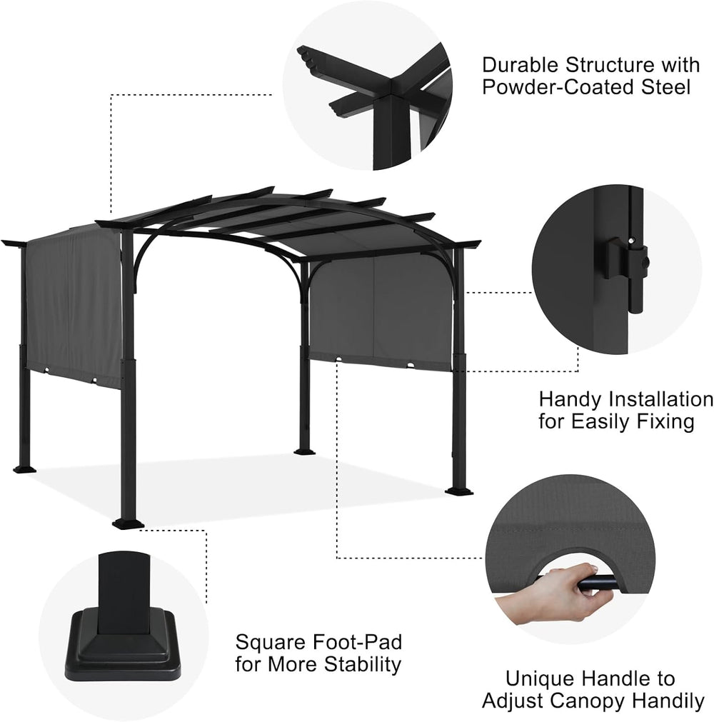 ABCCANOPY Arched Pergola 10'x12' with Retractable Sun Shade, Dary Gray