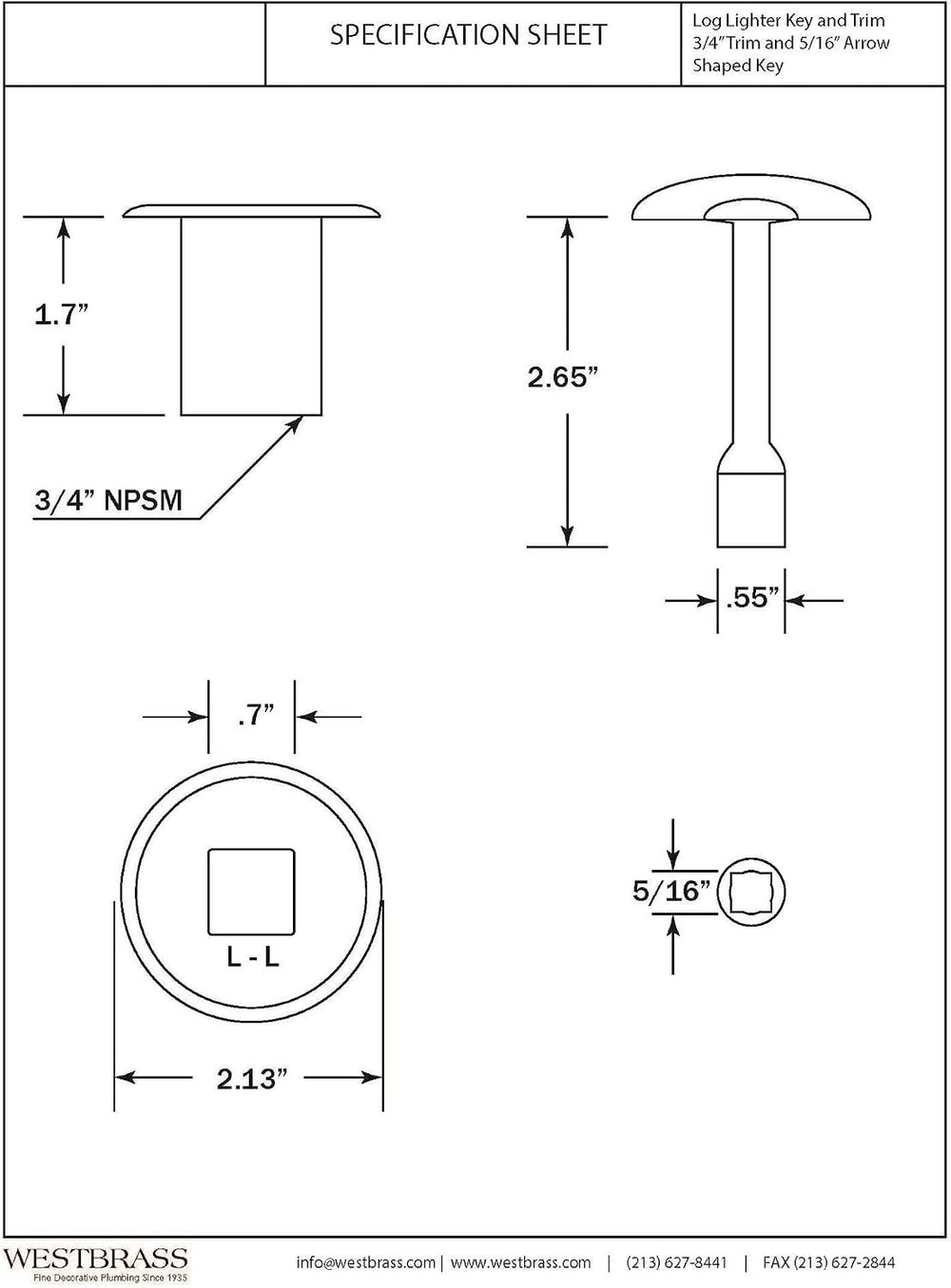 Westbrass R500-62 3/4" NPSM Gas Fire Pit and Fireplace Log Lighter Key V...