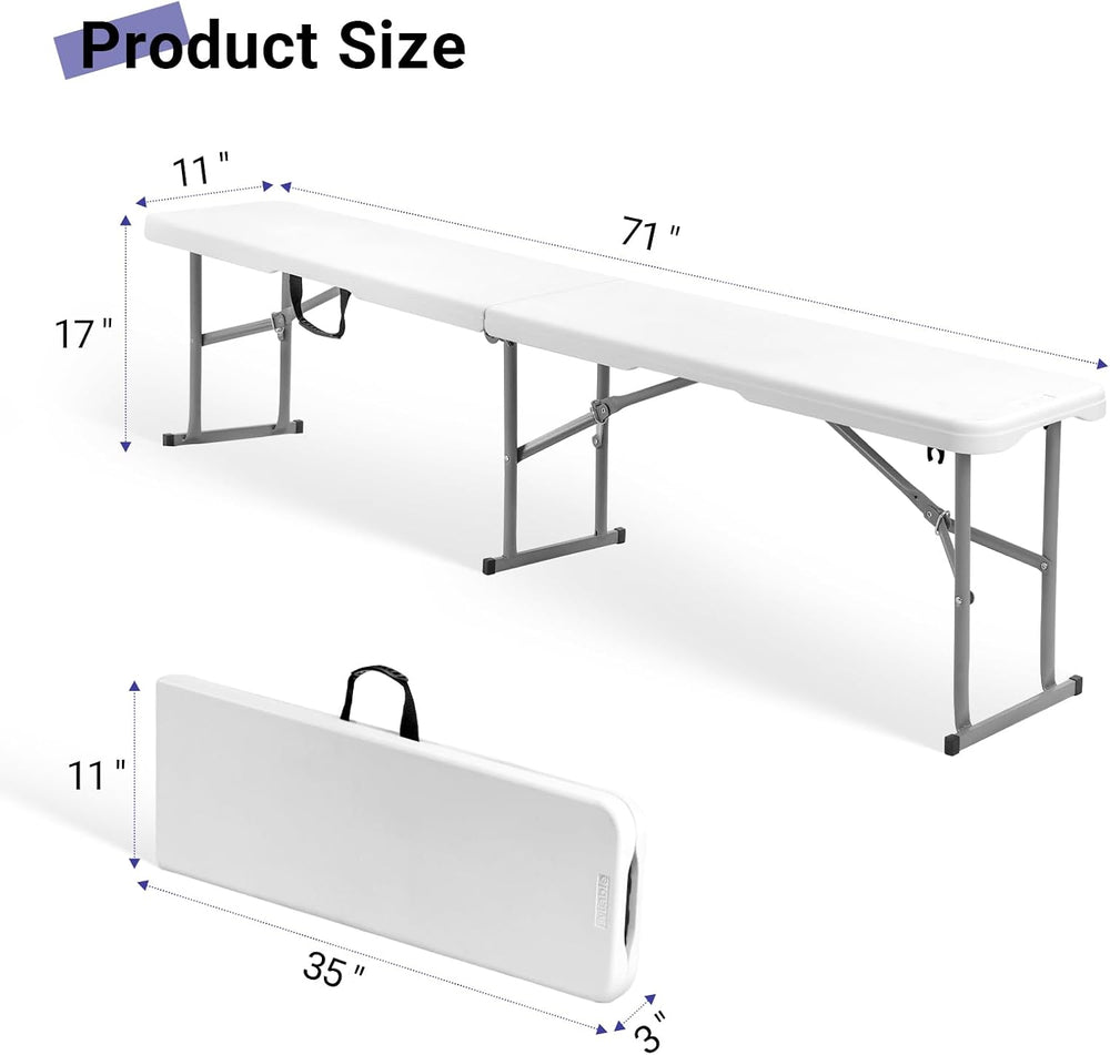 Folding Bench 6ft,Portable Plastic Bench Seat with Handle,White,2 Pack