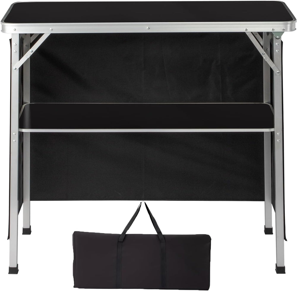 Vasitelan Folding Portable Bar Table with 2 Tier Shelves and Skirt,Black