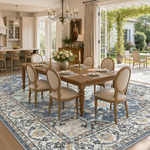 12x15 Area Rugs for Living Room: Washable Neutral Blue Yellow Rug