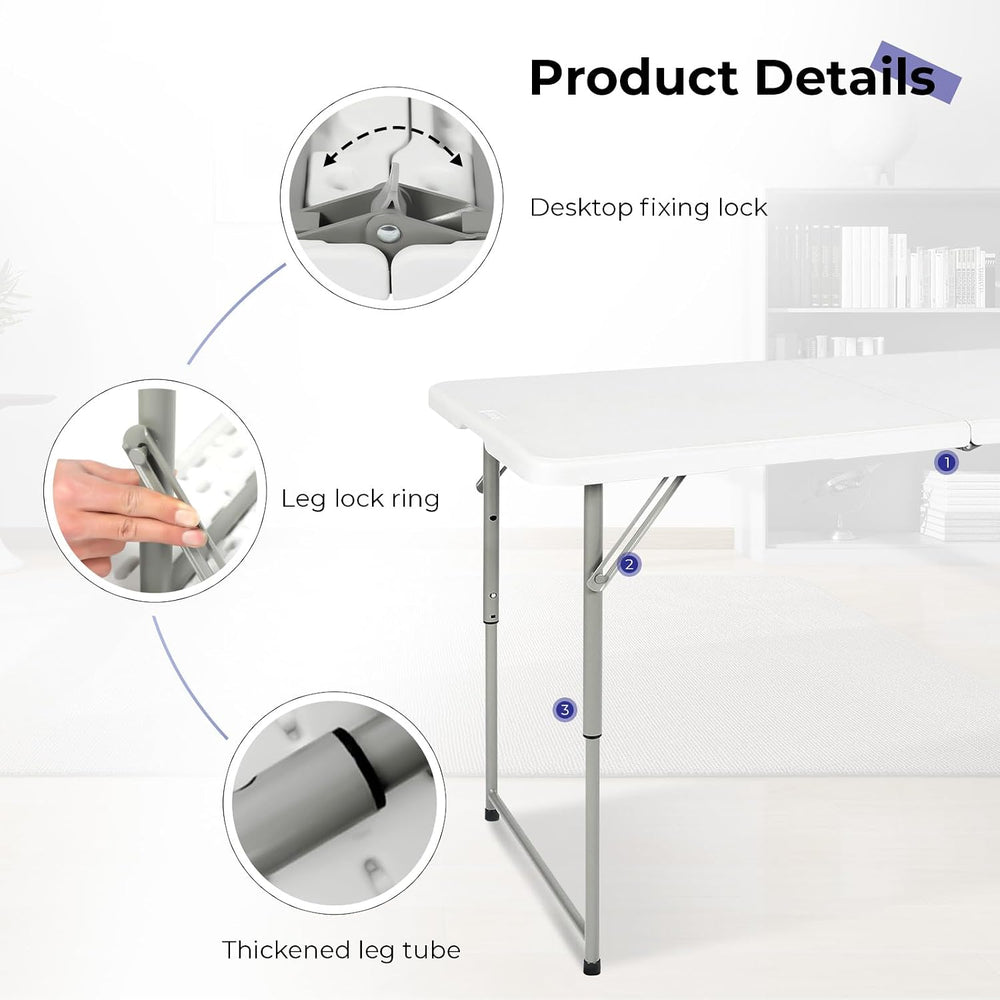 Folding Table 4 Foot,Portable Heavy Duty Plastic Utility Table,White