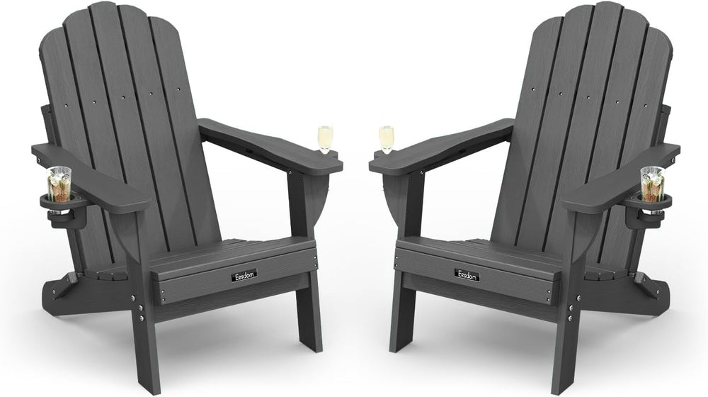 Folding Adirondack Chairs Set of 2, HDPE Outdoor Chair with 2 Cup Holders