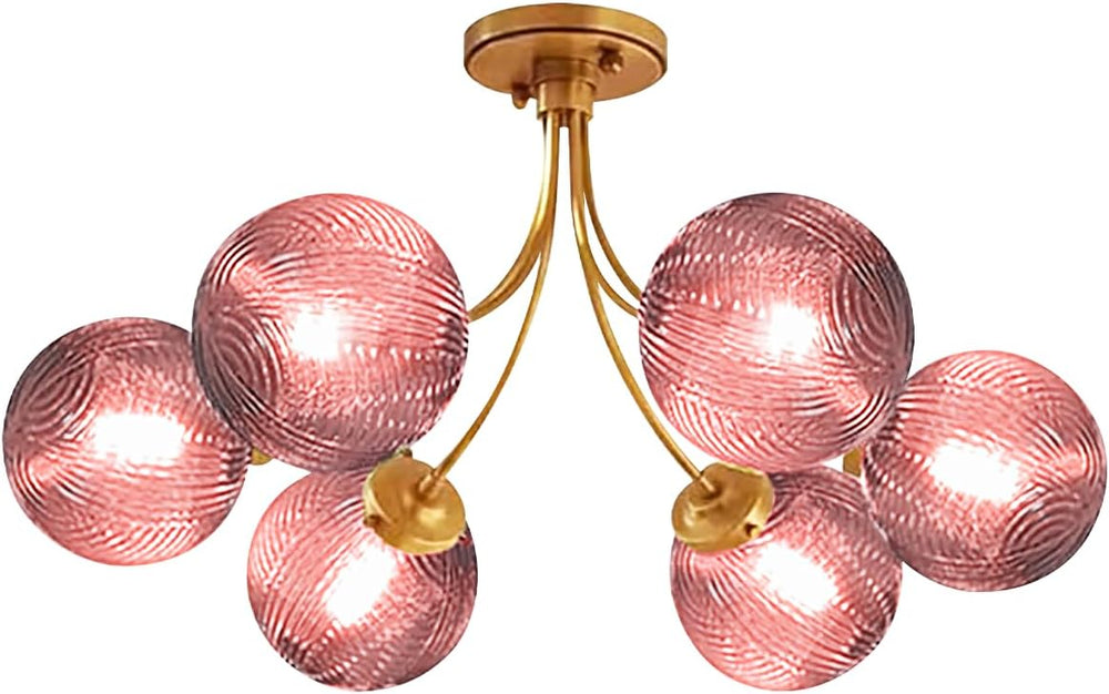 6-Light Pink Chandelier, Glass Globes Flush Mount Ceiling Light