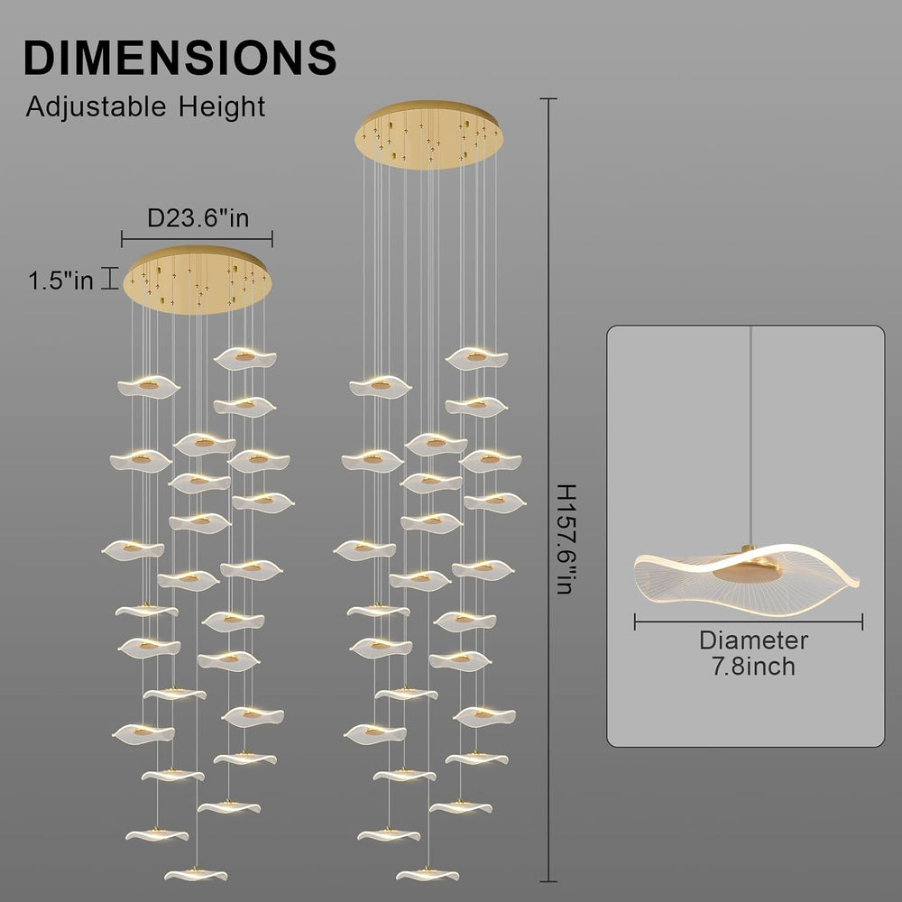 ziidoo High Ceiling Chandelier - 24-Light Dimmable Modern Gold Long Spiral Lu...