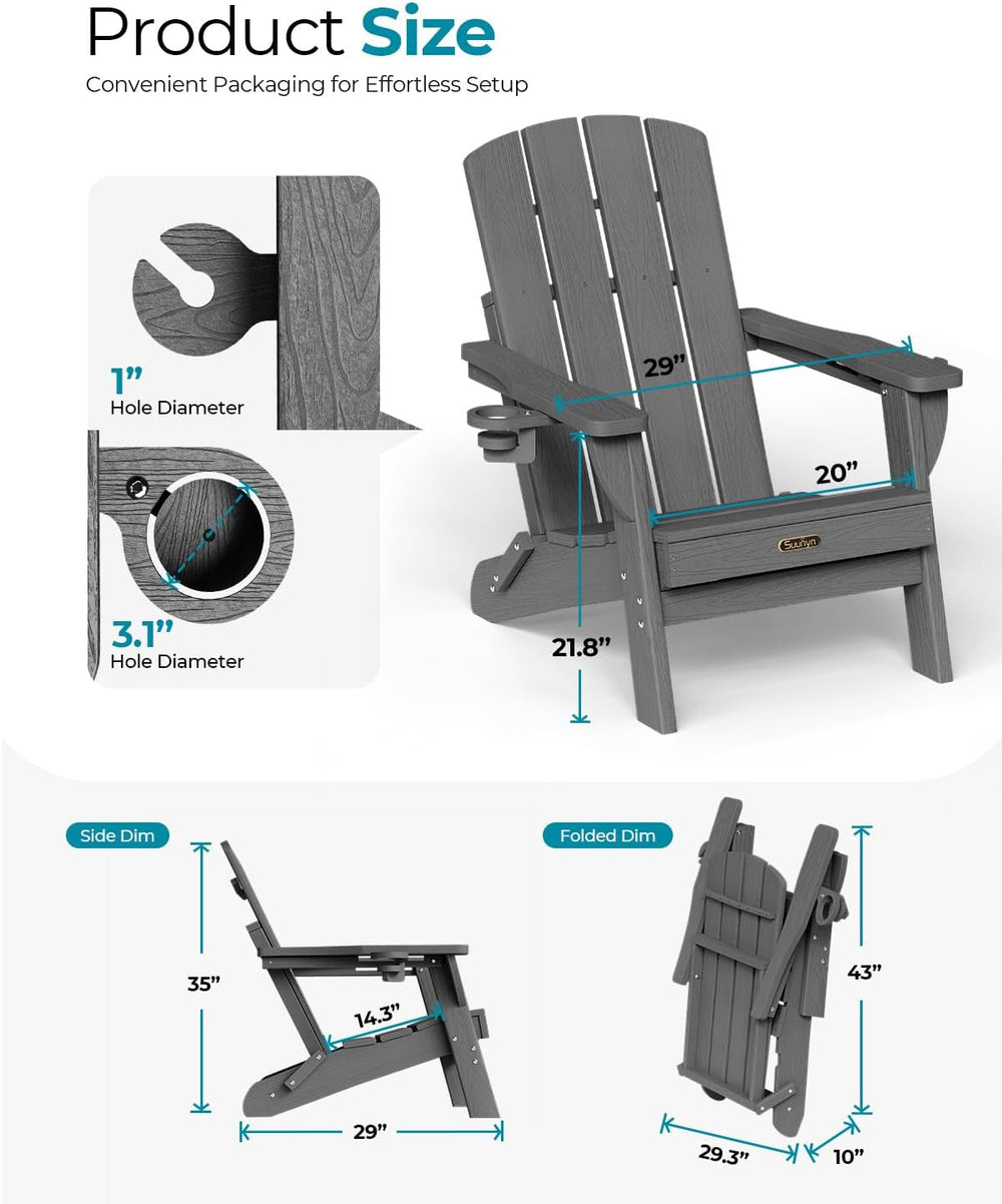 Folding Adirondack Chair Set of 4, HDPE Adirondack Chairs with 2 Cup Holder, ...