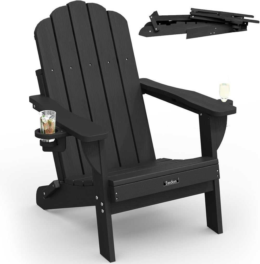 Folding Adirondack Chair, All-Weather HDPE Plastic Patio Chair with 2 Cup Hol...