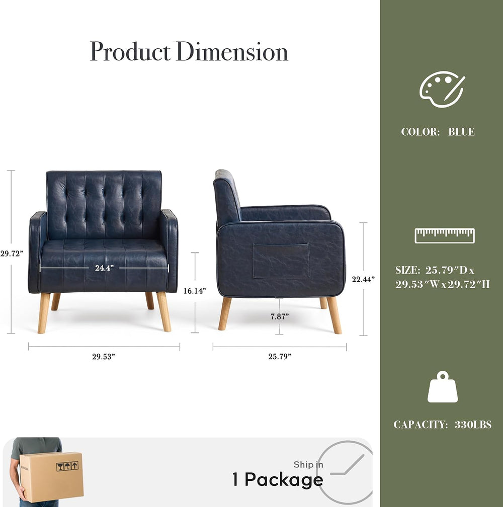 Leather Accent Chair Set of 2, Living Room Chair with Wooden Legs (Blue)