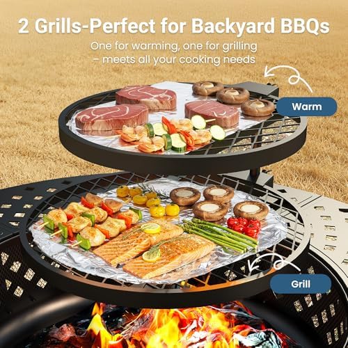 43" Large Fire Pit for Outside with 2 Adjustable Grills,Lid & Fire P...