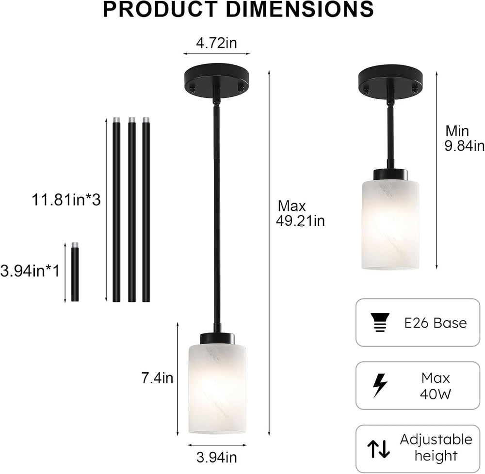 3-Pack Black Pendant Lights Kitchen Island, Modern Small Alabaster Glass Pend...