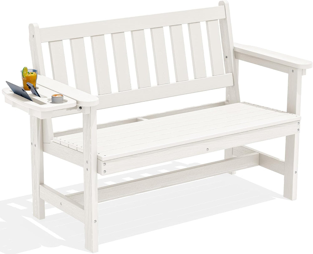 SERWALL HDPE Outdoor Bench with Foldable Cup Holder, 1 Pack, White