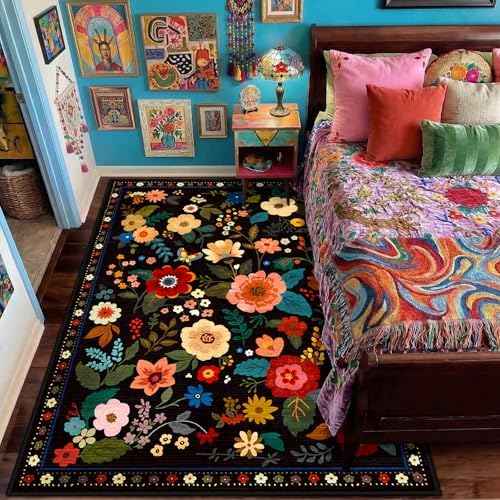 RELEANY Floral Washable 5x7 Area Rugs Black