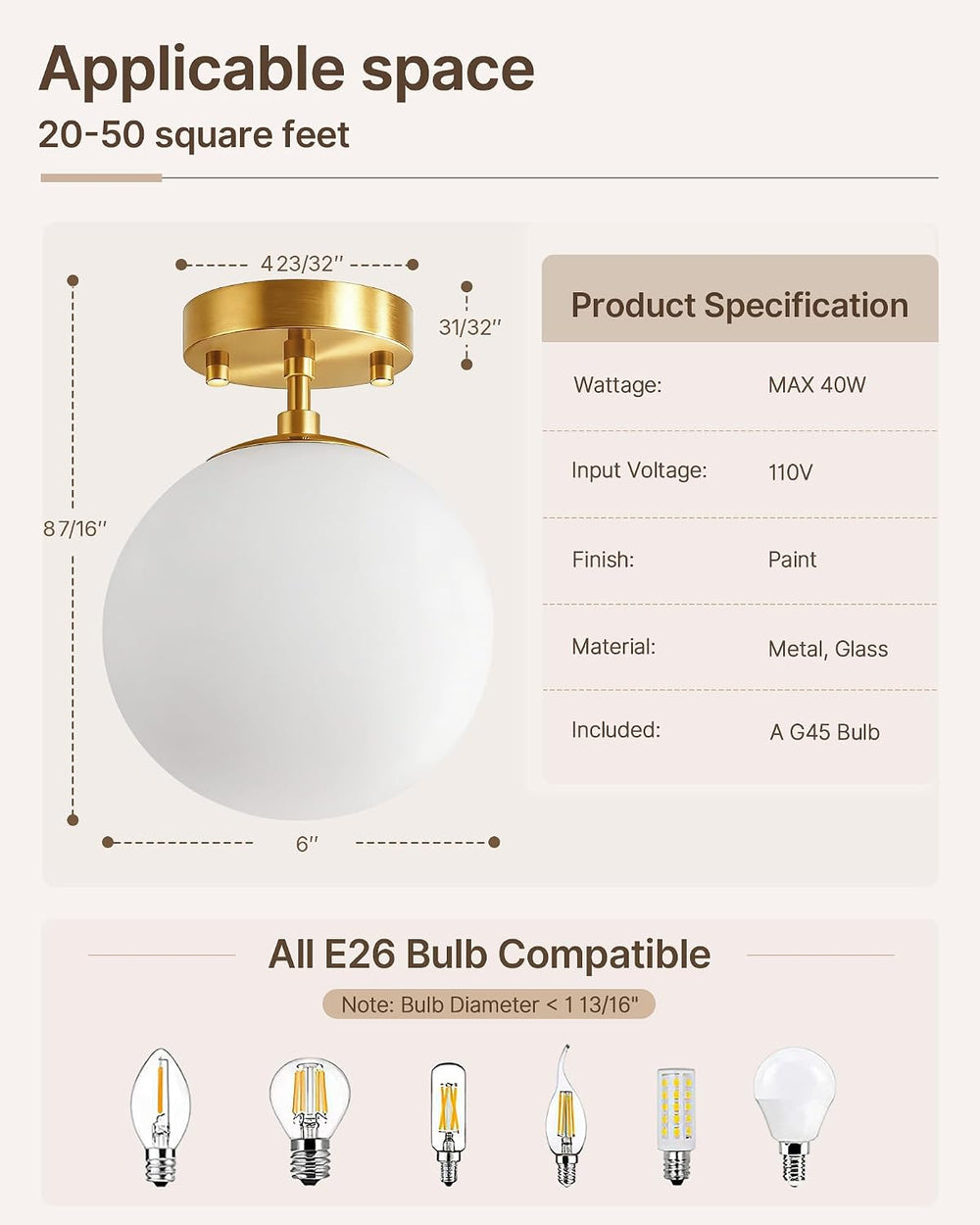 Majade Semi Flush Mount Ceiling Light 6" Globe Gold Modern Light Fixture