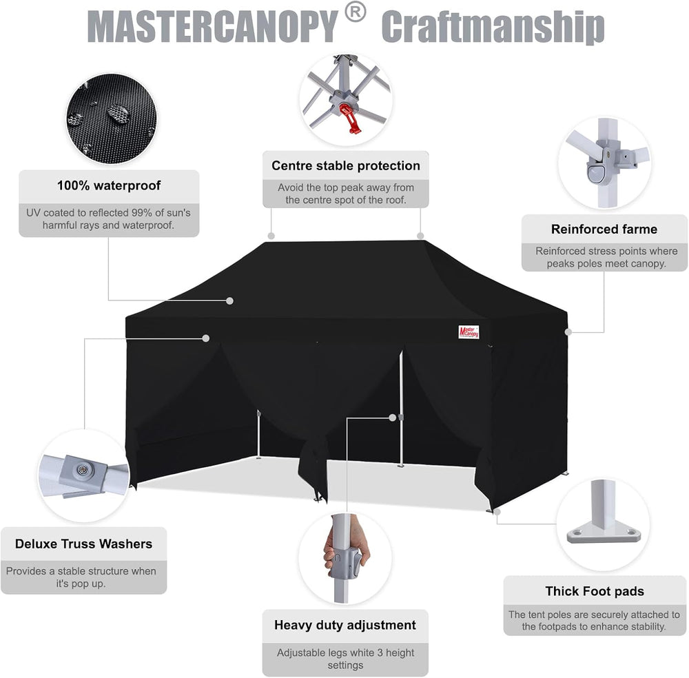 MASTERCANOPY 10x20 Heavy Duty Pop Up Canopy Tent with 4 Sidewalls, Black
