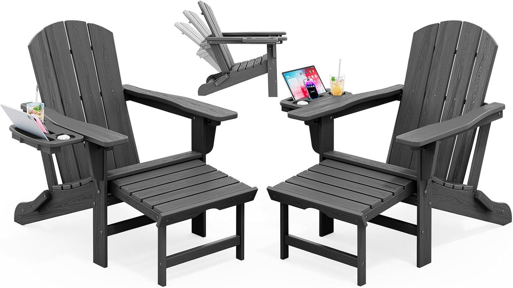 KINGYES Folding Adjustable Adirondack Chair with Ottoman & 2 Cup Holders ...