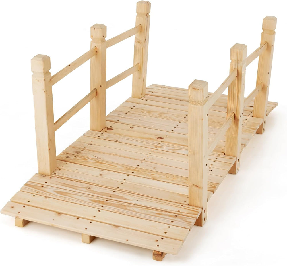 GIANTEX 5 ft Garden Bridge - Natural Wood Arc Footbridge Walkway with Side Ra...