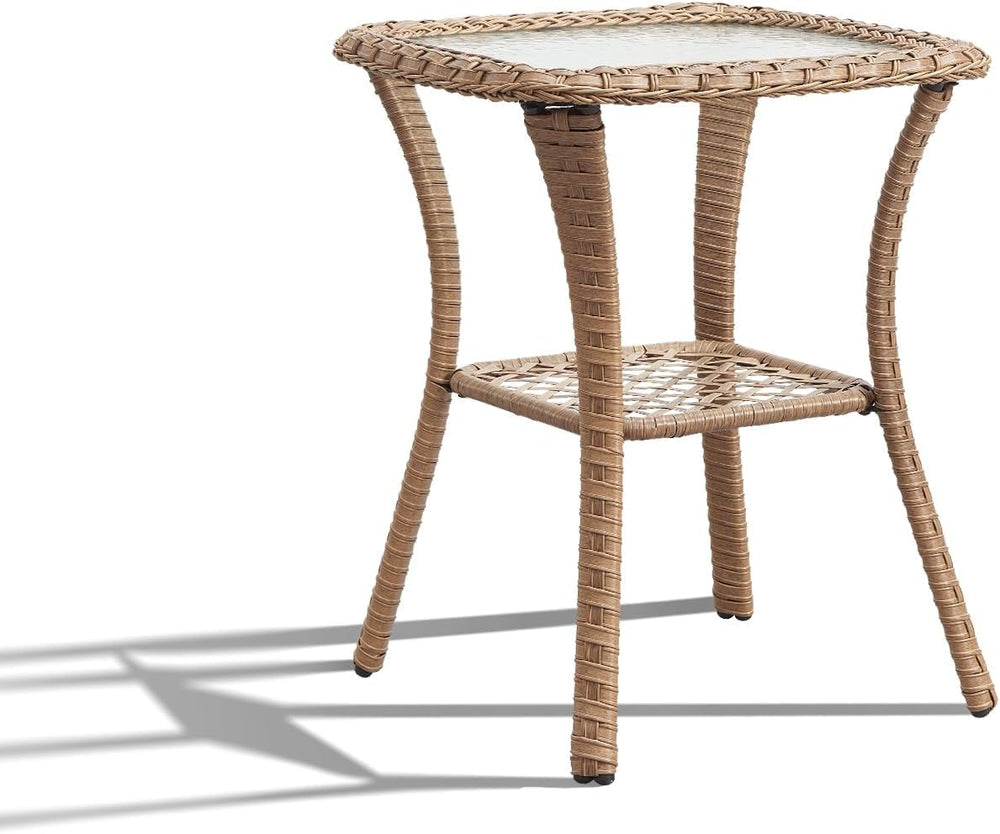 Patio Wicker Side Table, Outdoor PE Rattan End Table with 5mm Tempered Glass ...